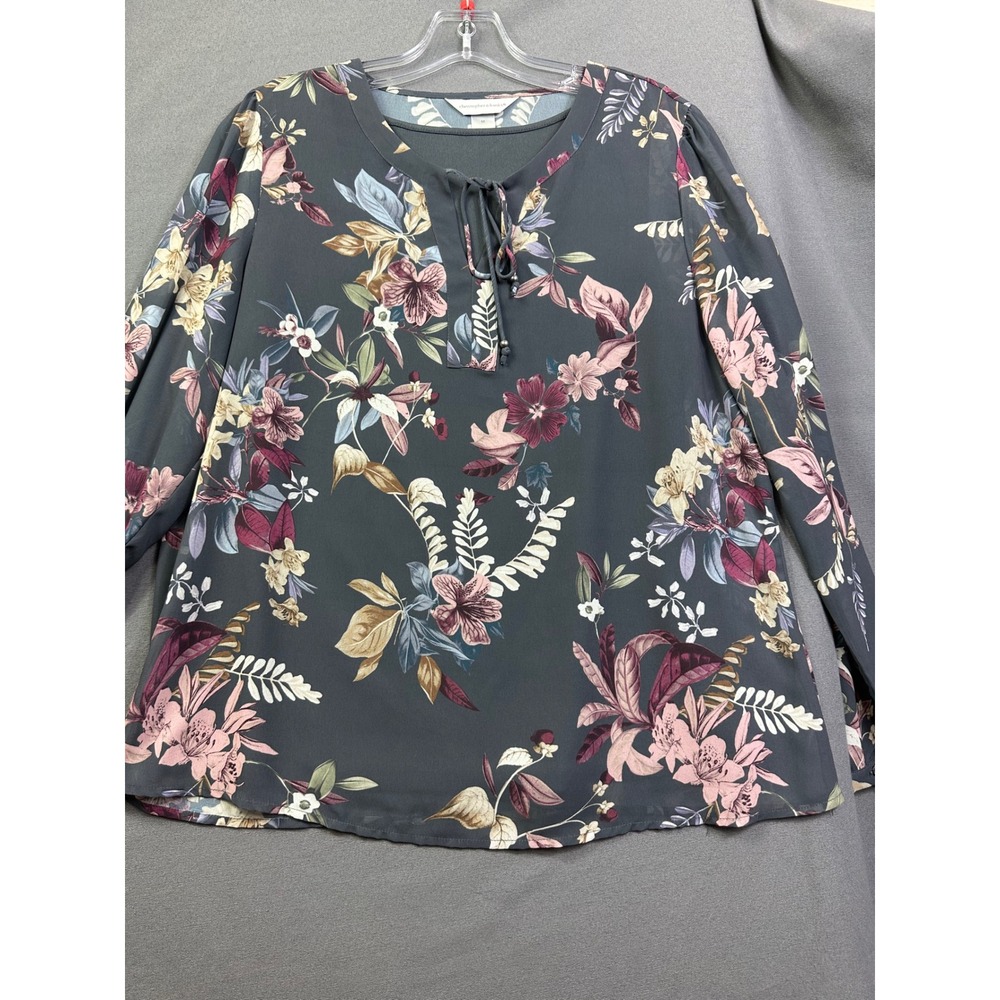 Christopher & Banks Women's Medium Floral Blouse Gray Pink Tie Neck Lined Top M‎